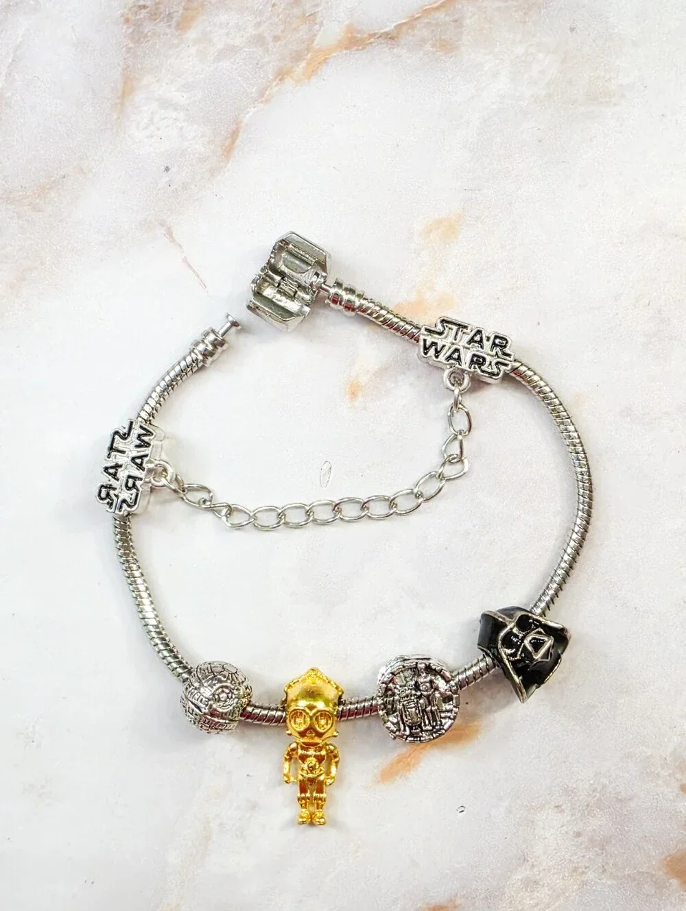Star Wars Pandora Style Charm Bracelet C3PO Darth Vader Silver Tone
